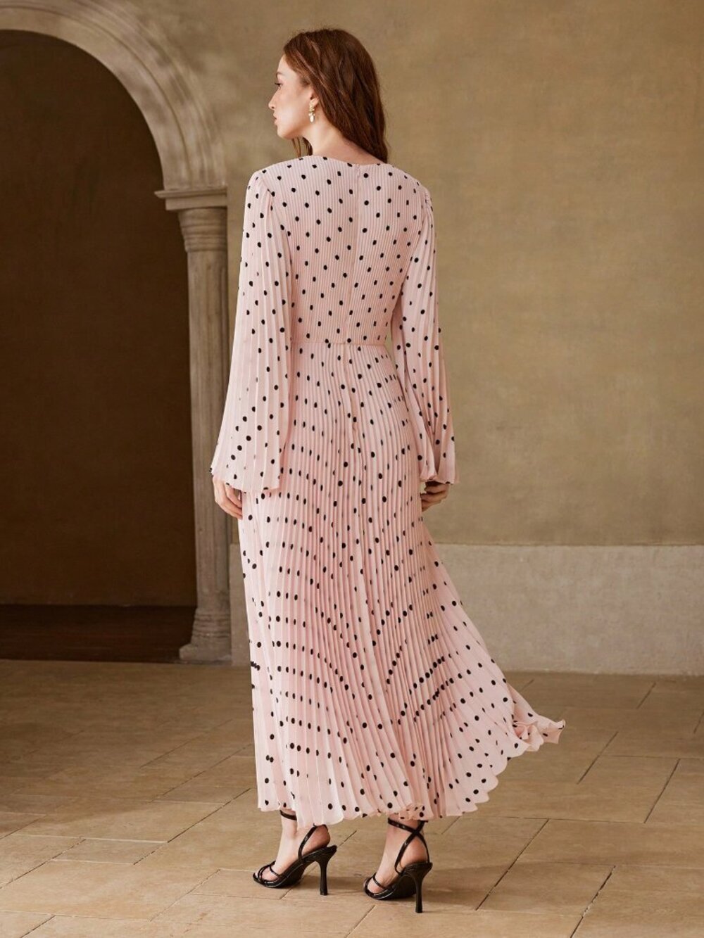 Pink Elegant Women's Premium Polka Dot Print Pleated Long Sleeve Dress - Picture 3 of 7